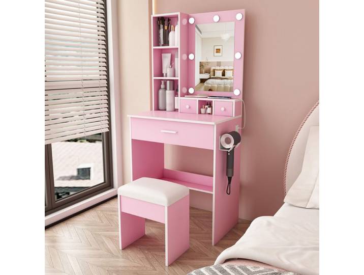 Coiffeuse rose 60x38x131 5 cm – miroir LED 3 modes 3 tiroirs sans matelas