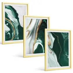 BILDER SET 3er Set - 40x60 cm Goldrahmen - Abstrakte grüne Farbmuster