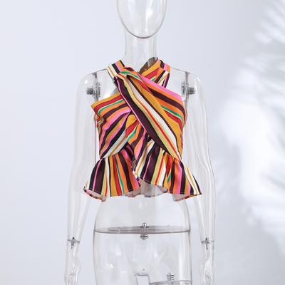 Lush Living Finds Sunset Breeze Striped Halter Top For Women Backless Summer Beach Tank With Ruffle Hems b s