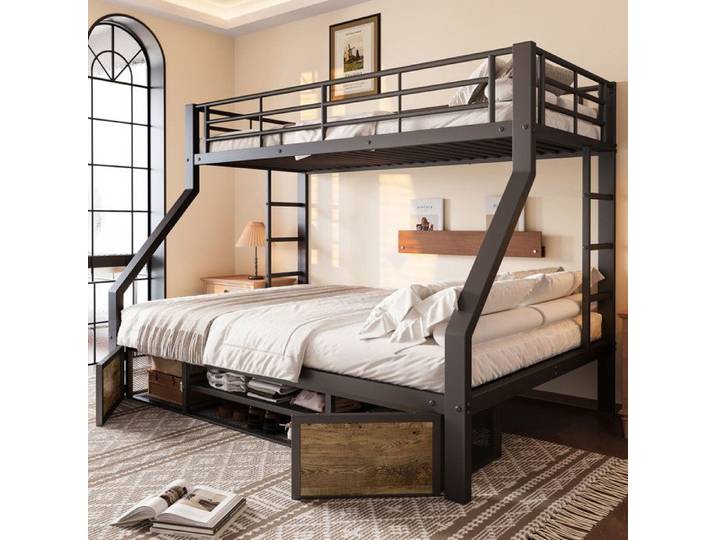 Lit superposé 90/140x200cm avec échelle lit familial pour 2 enfants avec armoire à chaussures et compartiments de rangement noir