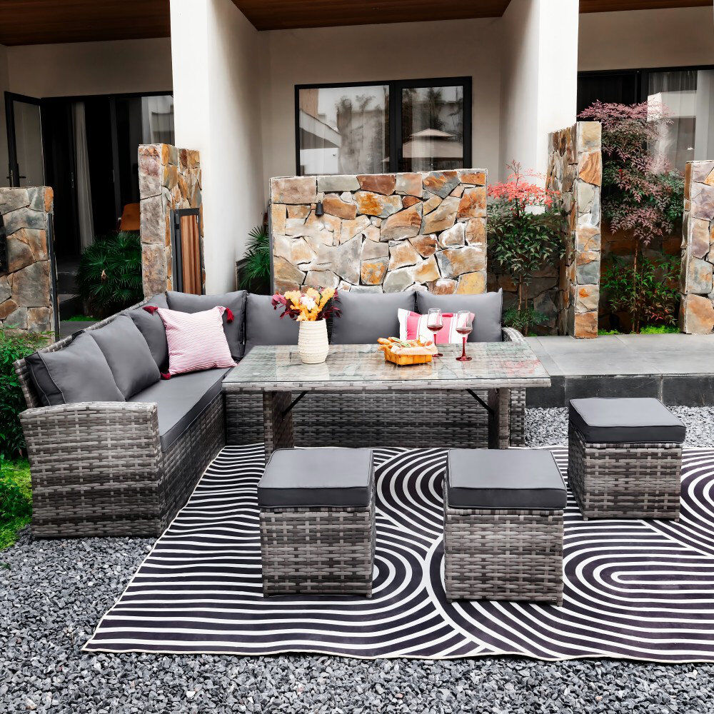 Latitude Run Biftu Wicker 9 - Person Garden Lounge Set with Cushions Grey 9