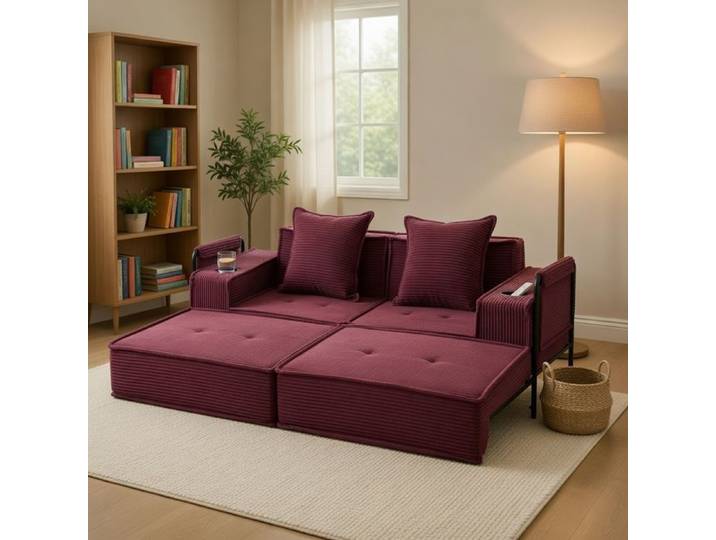 Canapé-lit- Xylo- en tissu avec deux coussins avec pouf décoratif pouf avec rangement latéral pouf avec porte-gobelets