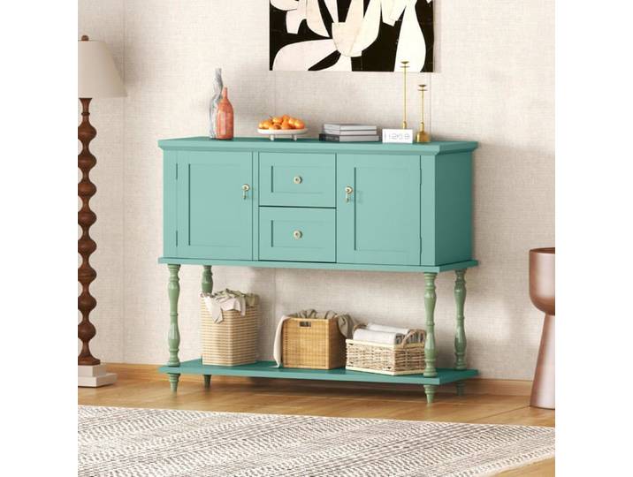 JoyGarden Console d'entrée rétro bois avec 2 tiroirs et 2 portes - Étagère ouverte - Pieds colonne romaine - Rangement vintage verte