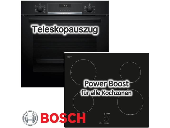 BOSCH Backofen-Set Induktion 60 cm Teleskopauszug 3D-Heißluft ecoClean PowerBoost Schwarz, mit 1-fach Teilauszug, Hydrolyse EcoClean Direct