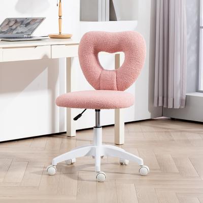 HOMCOM Armless Home Office Desk Chair, Height Adjustable Computer Task Chair, Modern Teddy Fleece Heart Makeup Vanity Chair