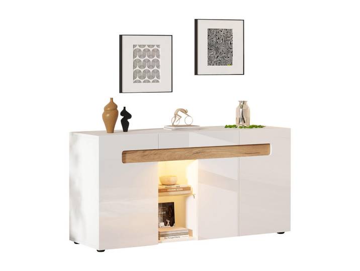 Flieks Sideboard LED Weiß 3 Türen App Glas 140x40x70cm Hochglanz, Mehrfarbig, 40x70x140 cm, Kleinmöbel, Kommoden, Sideboards