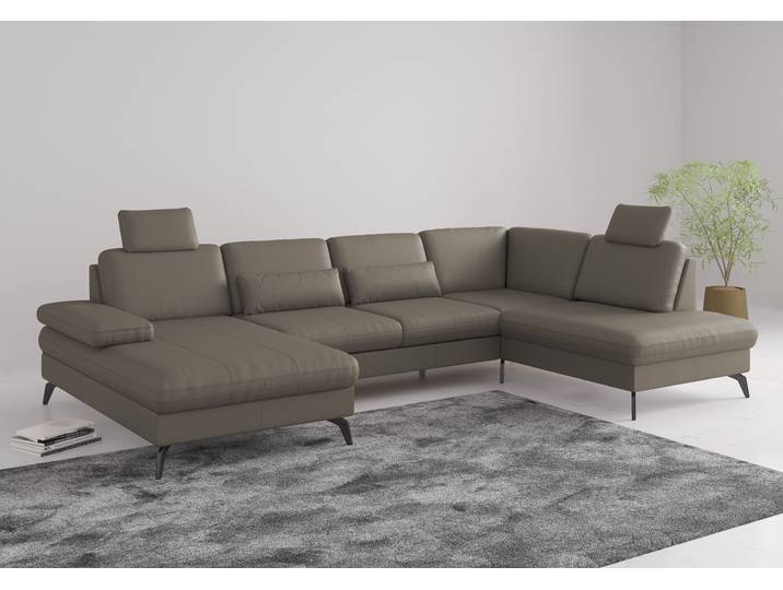 Wohnlandschaft, Naturleder®, Grau (Delphine), 335×212 cm, U-Form, Sitz-Tiefenverstellung, Sitztiefe verstellbar, Sit&More
