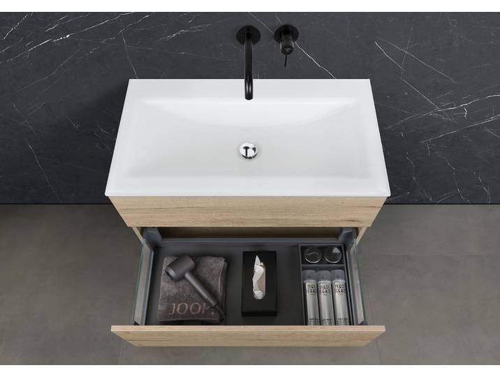 Zafiro - Badmöbelset 90 cm mit Glaswaschbecken Optiwhite und grifflosem Unterschrank