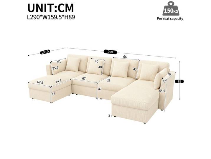 Canapé d'angle modulable en U - ZEVKOR - Canapé d'angle 1 - 6 places - Velours côtelé beige - Accoudoirs réglables