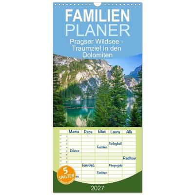 Familienplaner 2027 - Pragser Wildsee - Traumziel in den Dolomiten mit 5 Spalten (Wandkalender, 21 x 45 cm) CALVENDO