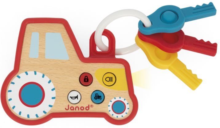 Janod Sound and Light Tractor Keychain jouet d’éveil en bois 18m+ 1 pcs
