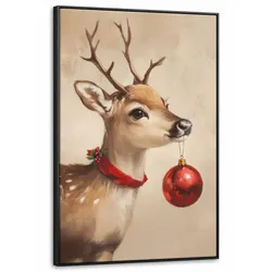 LEINWAND Bilder mit Rahmen - Weihnachten - Hirsch - Geweih - Weihnachtskugel - Rentier - 100x150