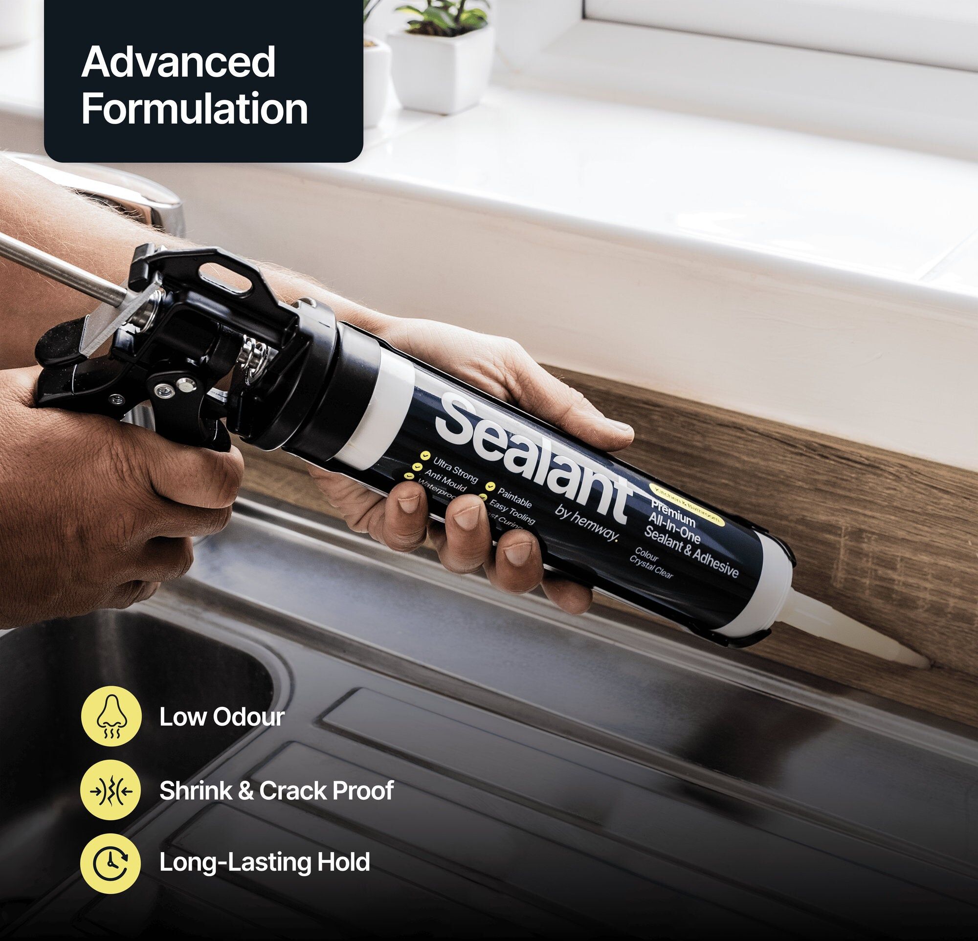 Hemway Kitchen & Bathroom Sealant & Adhesive   Jet Black   Hybrid Polymer   All-In-One - Jet Black - 300ml