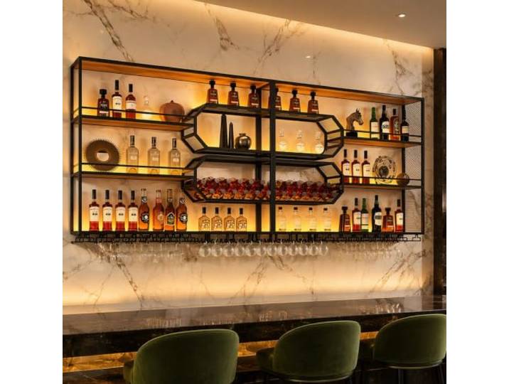 Pazcalie 240cm modernes Wand-weinregal mit Glashalter Wand‑Weinregal mit Gläserhalter, Warmweißes Licht, geeignet für Küche, Wohnraum