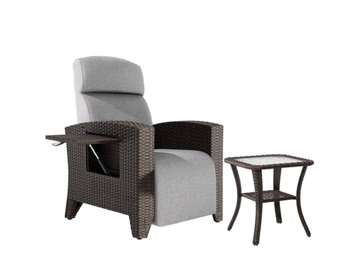 Relaxliege Liegesessel&Beistelltisch-Set, Rattansessel, Verstellbare Rückenlehne, mit Dickem Kissen, Geeignet für Innen und Außen (Schwarz +Gray Relaxliege 1-PACK)+(Schwarz Beistelltisch 1-PACK)