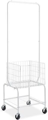 Metal Rolling Laundry Basket with Hanging Garment Rack, Height Adjustment Laundry Hamper Cart with Basket Load and Shelf Load