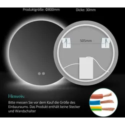 Emke, Spiegelschrank, Badspiegel mit Beleuchtung Φ80cm, 3 Farbtemperaturen(3000K-6500K) und dimmbaren, Touch Schalter