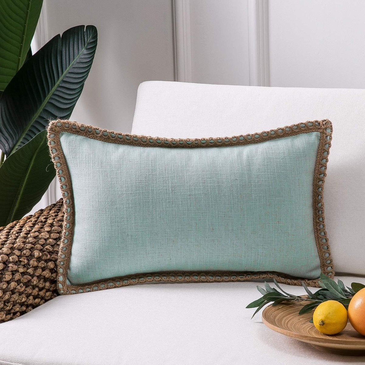 Decoratieve Kussenhoes Burlap met Linnen Rand - Lichtblauw - 30 x 50 cm