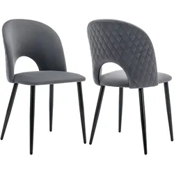 OKWISH Polsterstuhl 47x44x84 cm 2er Set Esszimmerstuhl Samt Grau mit Rückenlehne Diamantmuster Metallgestell verstellbare Füße