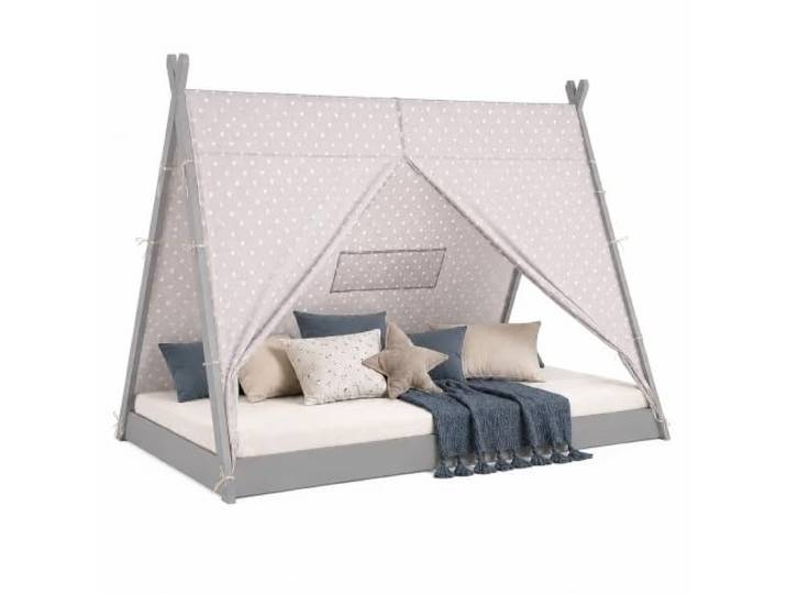 Homestyle4u Kinderbett 90x200 Tipi Zeltbett Kiefer Grau Weiß