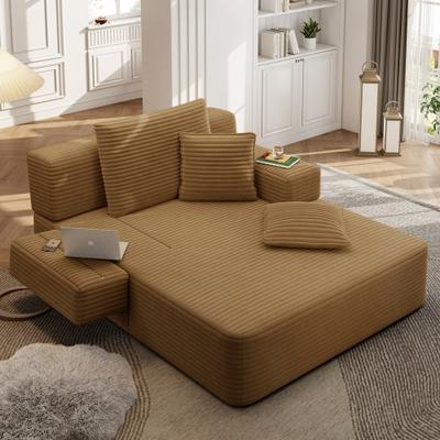 Convertible Oversized Plush Corduroy Chaise Lounges with Storage Pockets and 3 Pillows