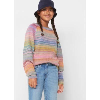 Strickpullover BONPRIX, Mädchen, Gr. 176/182, rosa (rosa, blau geringelt), Strick, Obermaterial: 100% Polyacryl, gestreift, meliert, Basic, regular fit hüftlang, Rundhals, Raglanärmel Strickbündchen, Pullover Strickpullover, mit Rundhalsausschnitt...