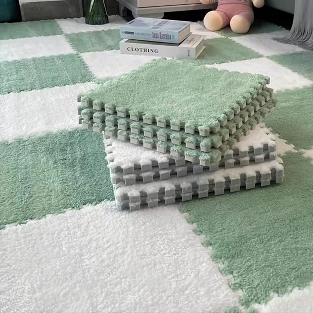 Pluche Puzzelmat Zachte Vloertegels Groen Wit 30x30 cm