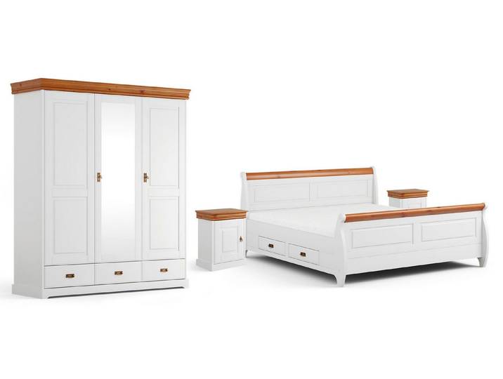 Feldmann-Wohnen Schlafzimmer-Set Toskania, (4-teiliges Set, mit Schubladen, mit Türen, mit Spiegel, 4-tlg., moderne Optik, mit Schubladen, mit Türen, mit Spiegel), 4-teilig Massivholz gebeizt 140x200cm Kiefer Weiß / Natur