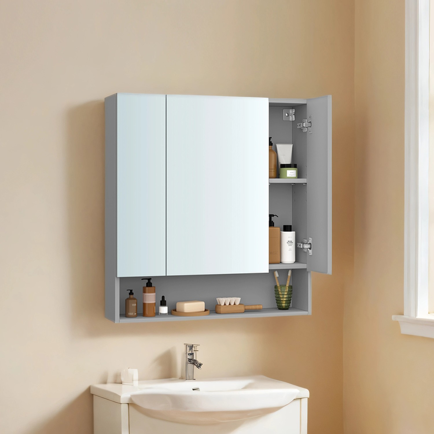 VASAGLE Badezimmerschrank mit 3 Türen, Badschrank, Spiegelschrank BBKB35129G01