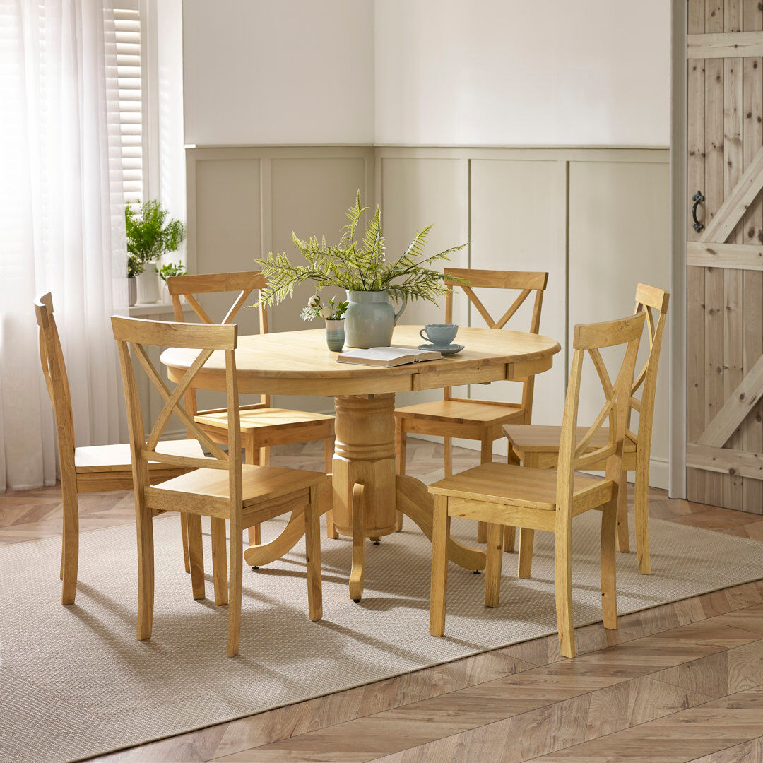 August Grove Prestow Round Extending Dining Table & Shannondale Chairs - Rustic Farmhouse Kitchen Oak 4