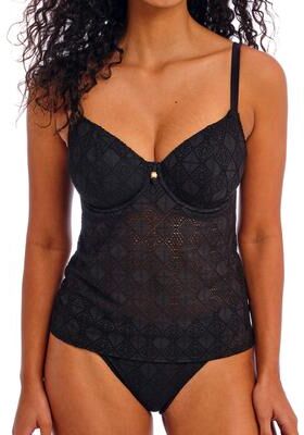 Nomad Nights Underwire Plunge Tankini Top by Freya Swim in Black (Size 34 GG)