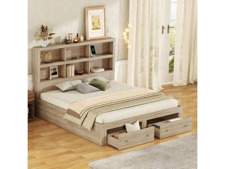 Lit double 160x200 cm - Bois massif - Tiroirs au pied - Tête de lit avec rangements - Beige