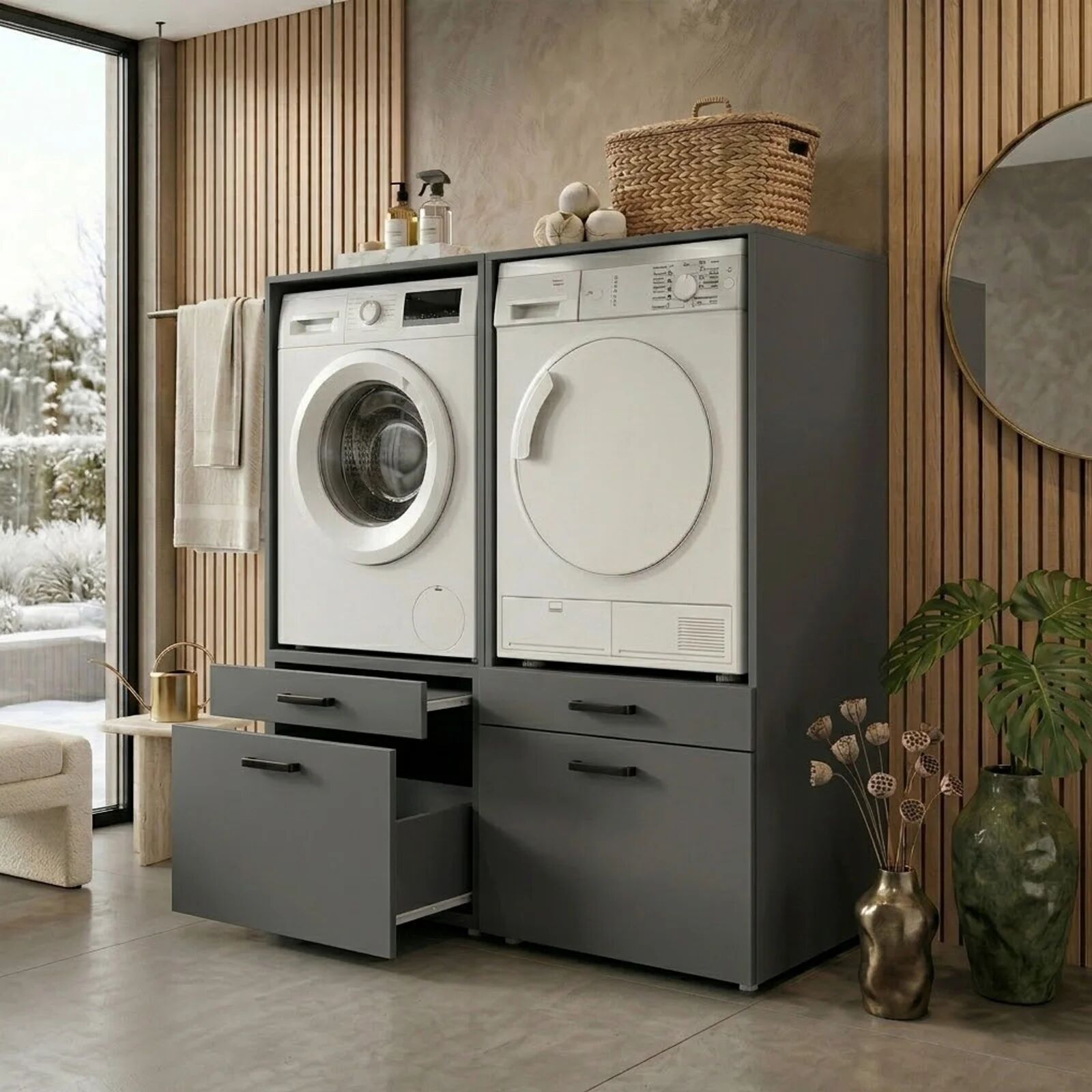 garneroarredamenti Mobile lavatrice e asciugatrice 134x144h cm con cassettoni antracite Water
