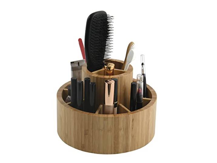 MSV - Drehbarer Make-up-Organizer 360° - Serie ISALYS - 2 Große und 4 Kleine Fächer - Kosmetik- und Zubehör-Aufbewahrung aus Bambus - Beige