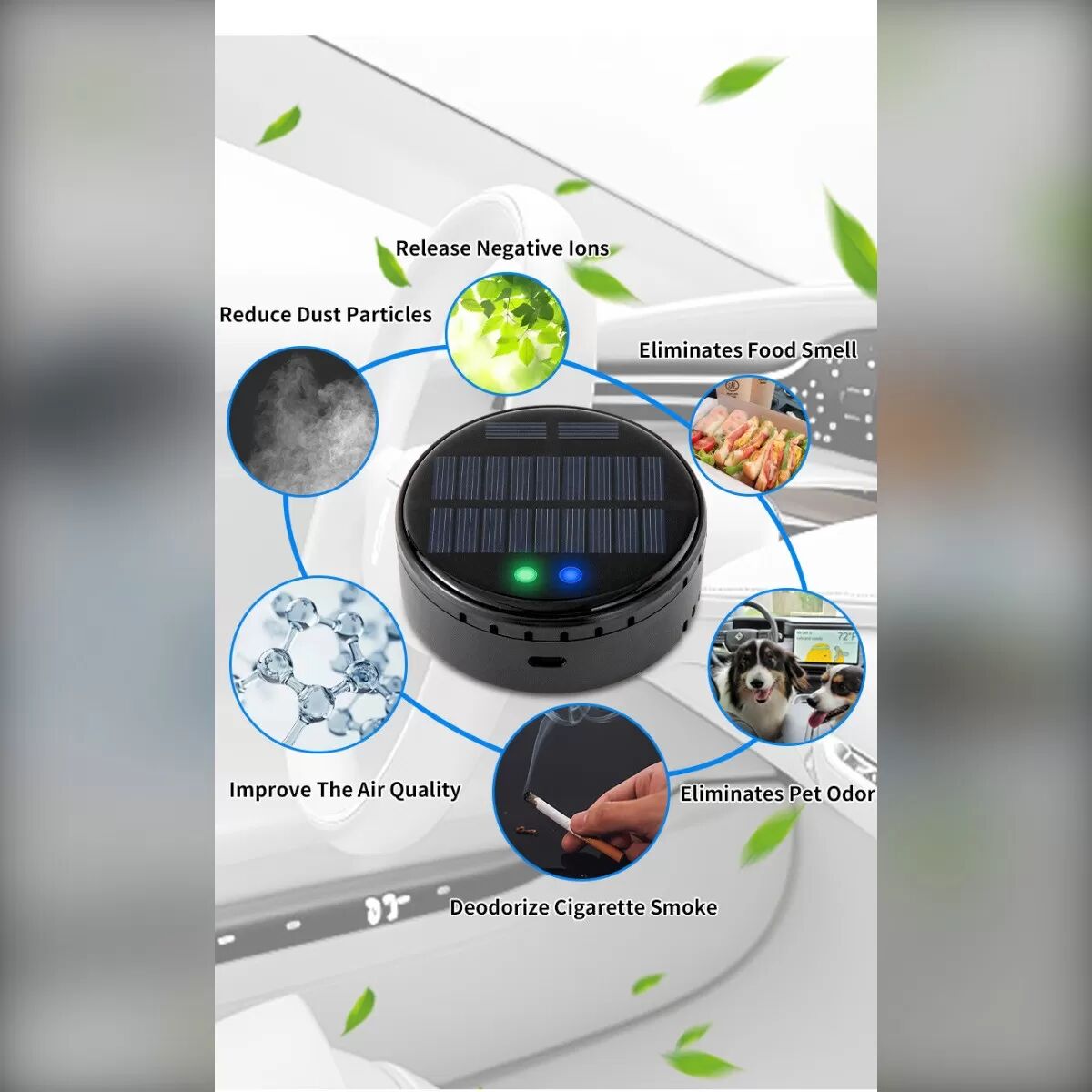 INF Solarbetriebener Luftreiniger – Tragbarer Auto- und Heim-Desodorierer mit USB-5V Backup, 1500W Negativionengenerator und Gold