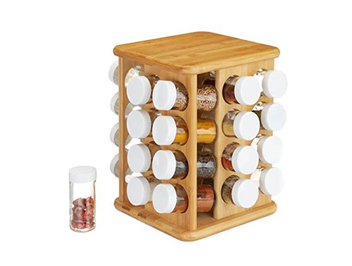 Relaxdays XXL Gewürzkarussell, drehbar, 32 Gewürzgläser, aromadichte Aufbewahrung, Gewürze Organizer, Bambus, natur, 28 x 25 x 25 cm