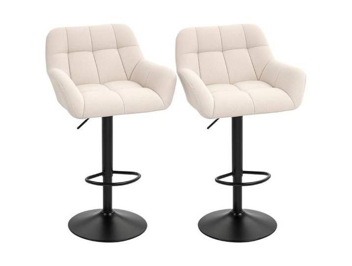 Ensemble de 2 tabourets de bar style rétro hauteur réglable similicuir aspect lin crème et noir
