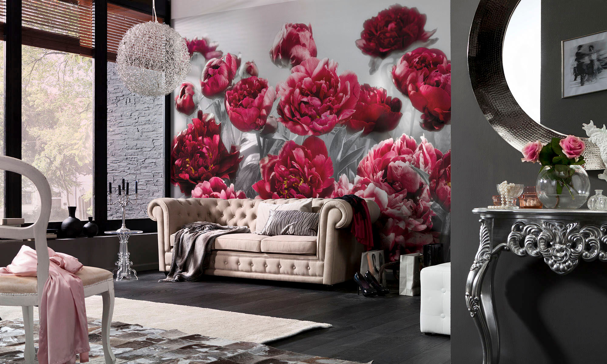 Vliestapete KOMAR "Digitaldruck Vlies - Temptation - Größe 400 x 260 cm", bunt (bunt, grau, pink), B:400m L:260m, Vlies, Tapeten, Vliestapete, Wohnzimmer, Schlafzimmer