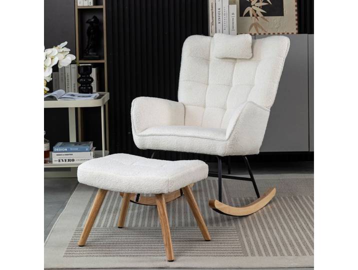 HOMVRA Fauteuil à bascule avec repose tête et repose pieds en teddy blanc