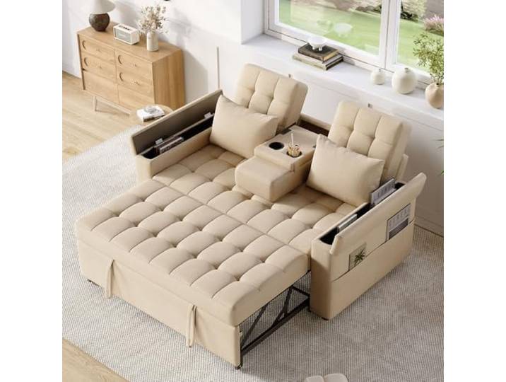 Merax Schlafsofa 2-Sitzer Sofa mit Schlaffunktion, Modernes Klappsofa 3-in-1 Schlafcouch mit Verstellbarer Rückenlehne, Armlehnen-Staufächern, Getränkehalter und Seitentaschen, Beige
