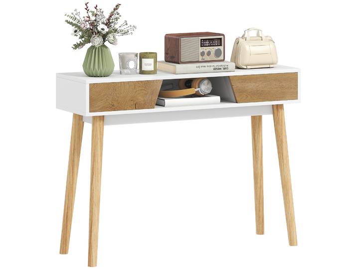 HOMCOM Console de Recibidor con 2 Cajones Compartimento y Patas de Madera para Pasillo Entrada Entrada Salón Blanco
