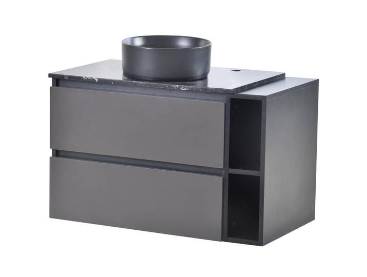 Evryae Waschbeckenunterschrank Badezimmer-Waschtisch Marmorplatte schwarzes Rundbecken Stauraum modern pflegeleicht, Grau, Keramik, 2 Schubladen, Rechteckig,Rechteckig, 80x48.5x44 cm, Badezimmer, Badmöbel, Waschbeckenunterschränke