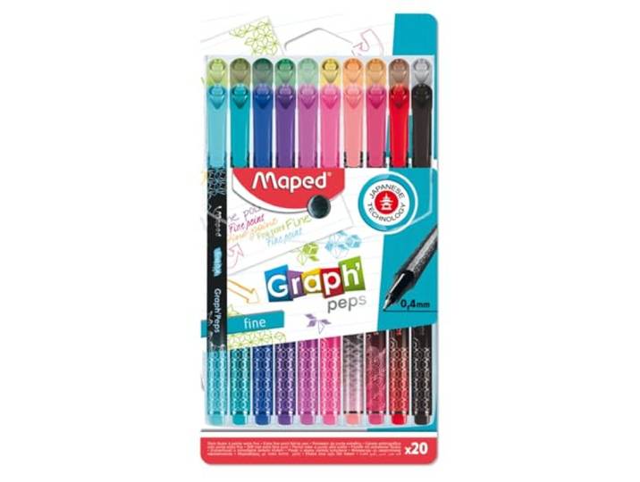 MAPED - 20 Feutres Graph'Peps - Feutres Pointe Fine 0\, 4 mm - Pointe Résistante - Confort d'écriture et Dessin - 20 Feutres Couleurs Éclatantes