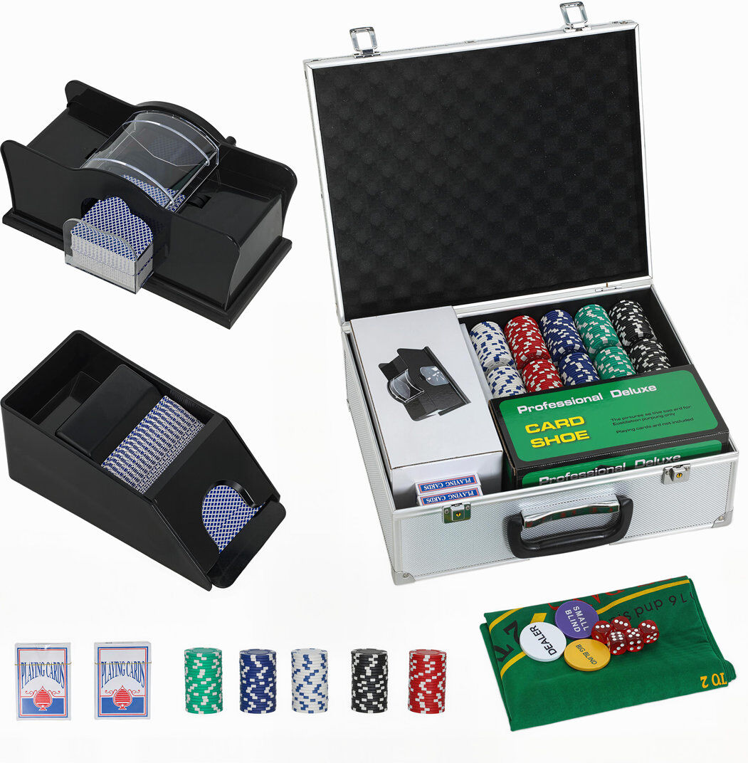 HOMCOM SPORTNOW 300-Piece Poker Chips Set with Card Shuffler and Shoe Silver 15cm H X 30cm W X 36cm L