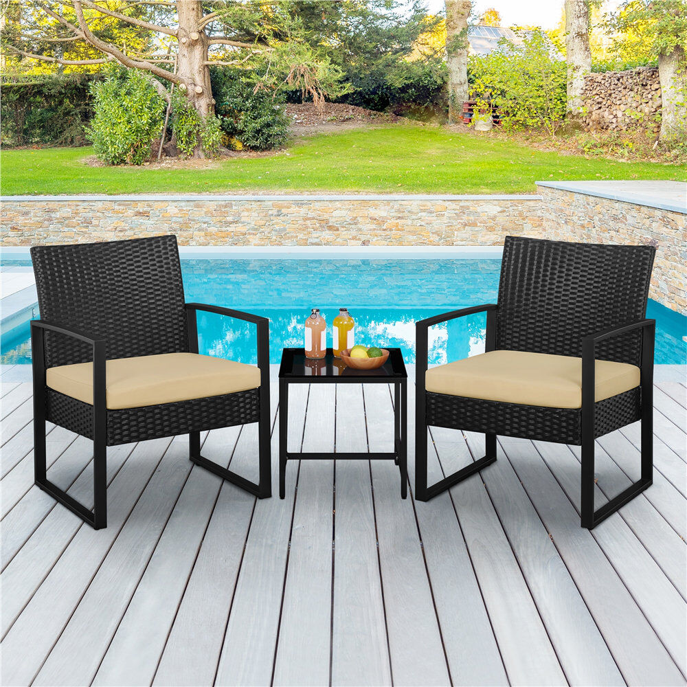 Yaheetech 2 Seater Rattan Conversation Set Black/Khaki 2