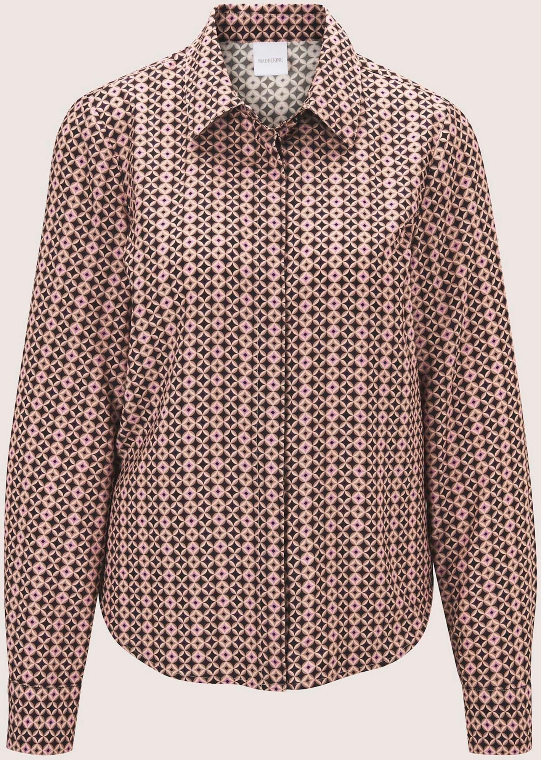Hemdbluse MADELEINE "Bluse Bluse mit geometrischem Druck", Damen, Gr. 36, portwein, malve, multicolor, Modern, regular fit, V-Ausschnitt, Blusen Hemdbluse