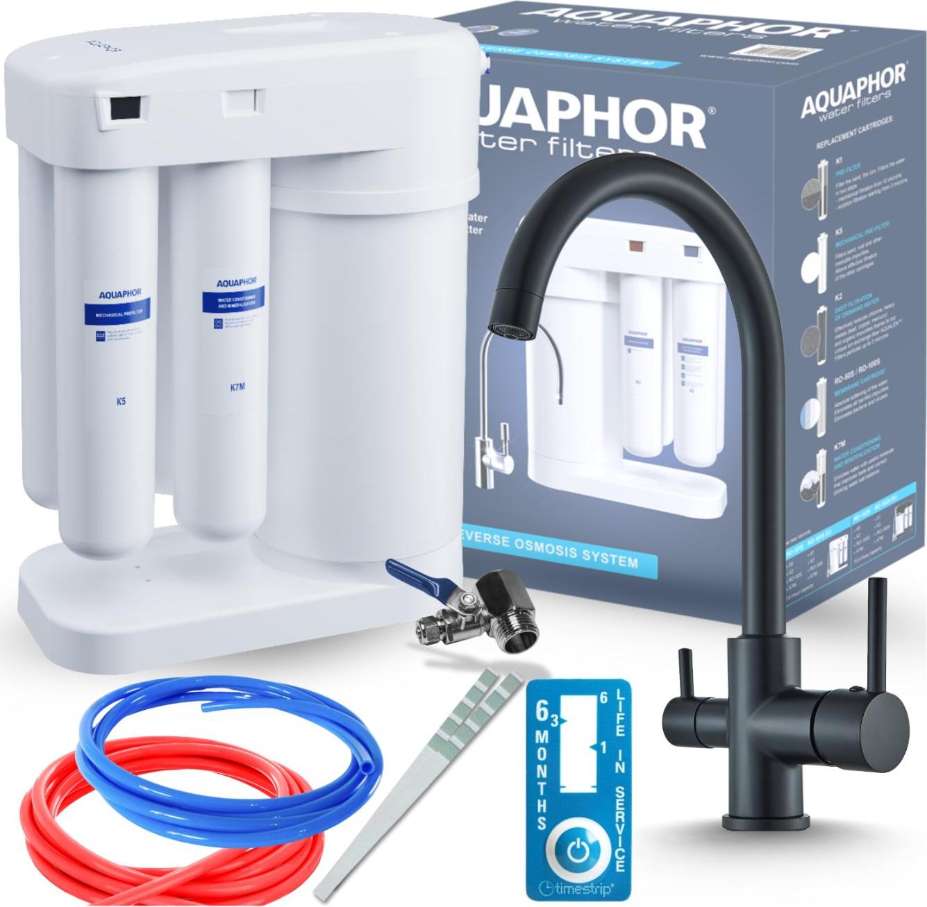 Wasserfilter Set Morion mit 3-Wege Küchenarmatur Ari Linko Schwarz, Umkehrosmose, 360° schwenkbar