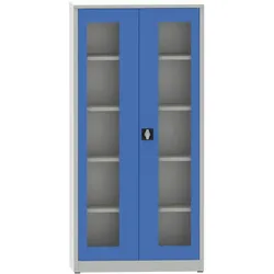 Geschweißter Regalschrank mit Türen mit Plexiglasfenstern, 1950 x 950 x 500 mm, grau / blau