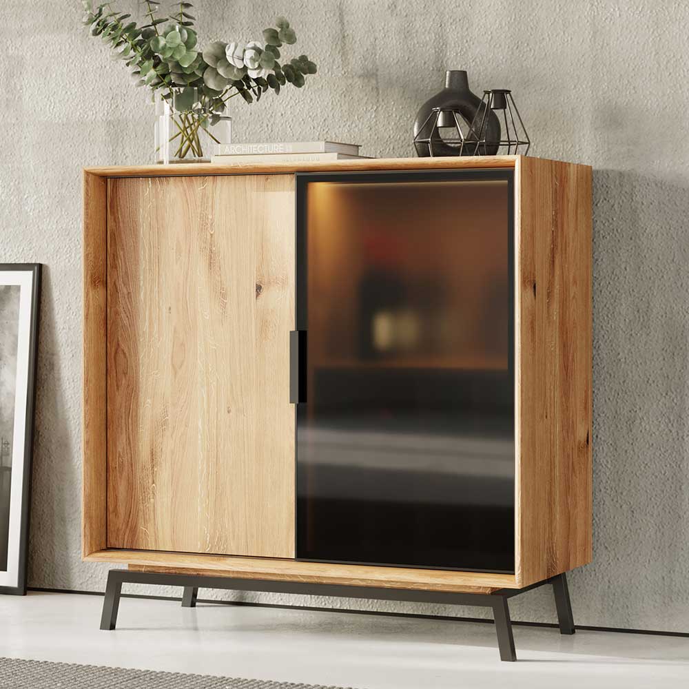 Pharao24.de Massivholzkommode mit Glas - zwei Schiebetüren Industry und Loft Stil