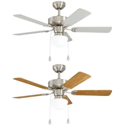 Deckenventilator Zugschalter Ventilator Vor und Rücklauf Lüfter Deckenleuchte, Flügel wendbar, Holz silber eichefarben, Metall, 1x E27 Fassungen, DxH 106,5x47 cm